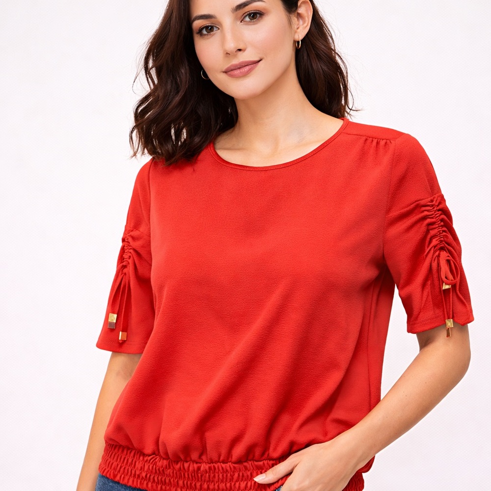 ⭐️ Michael Kors Vibrant Coral Blouse with Ruched Sleeves